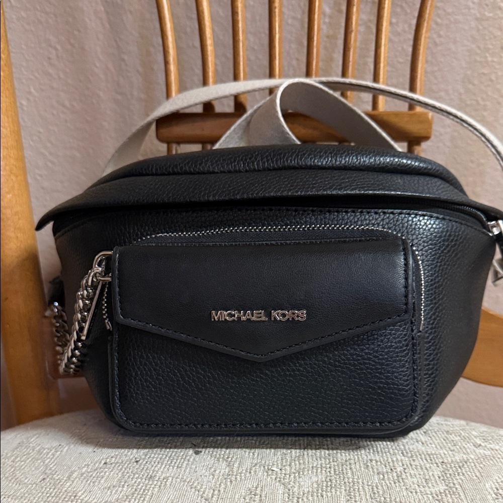 Michael Kors Black Leather Crossbody Belt Bag with Chain Accent
